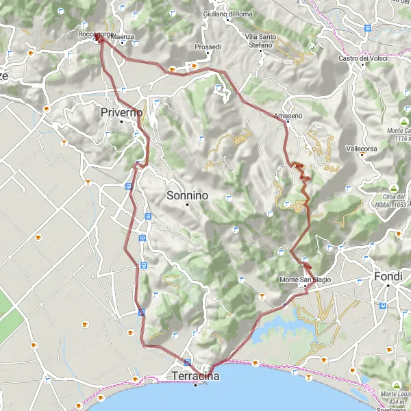 Miniatura della mappa di ispirazione al ciclismo "Tour in mountain bike da Roccagorga al Lago di Fondi" nella regione di Lazio, Italy. Generata da Tarmacs.app, pianificatore di rotte ciclistiche
