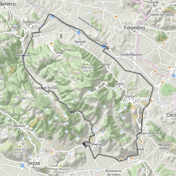 Miniatura della mappa di ispirazione al ciclismo "Giro in Bici da Roccagorga a Prossedi" nella regione di Lazio, Italy. Generata da Tarmacs.app, pianificatore di rotte ciclistiche