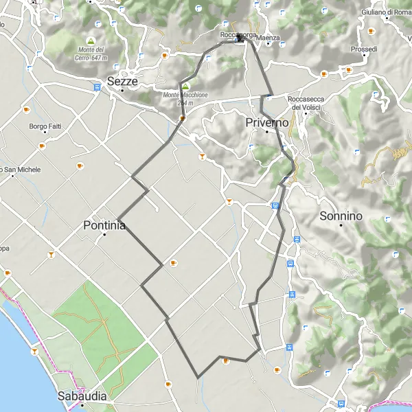 Miniatura della mappa di ispirazione al ciclismo "Tour ciclistico da Roccagorga a Borgo Vodice" nella regione di Lazio, Italy. Generata da Tarmacs.app, pianificatore di rotte ciclistiche