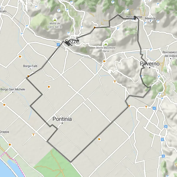 Map miniature of "Scenic Ride: Roccagorga to Monte Fretano" cycling inspiration in Lazio, Italy. Generated by Tarmacs.app cycling route planner