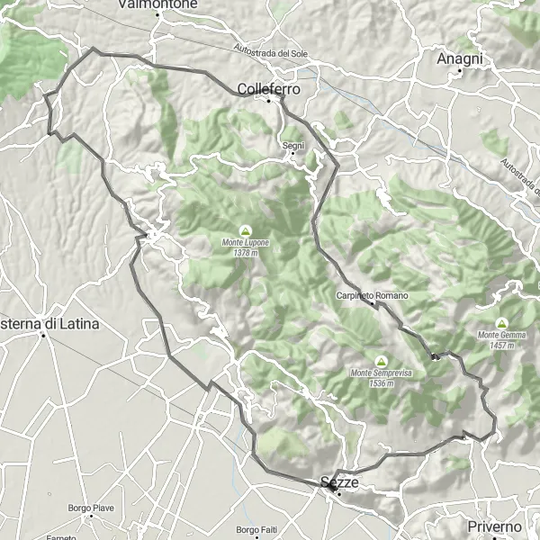 Miniatura della mappa di ispirazione al ciclismo "Giro panoramico in bicicletta da Roccagorga a Maenza" nella regione di Lazio, Italy. Generata da Tarmacs.app, pianificatore di rotte ciclistiche
