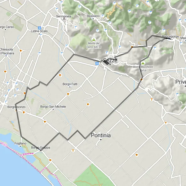 Map miniature of "Sezze Loop" cycling inspiration in Lazio, Italy. Generated by Tarmacs.app cycling route planner