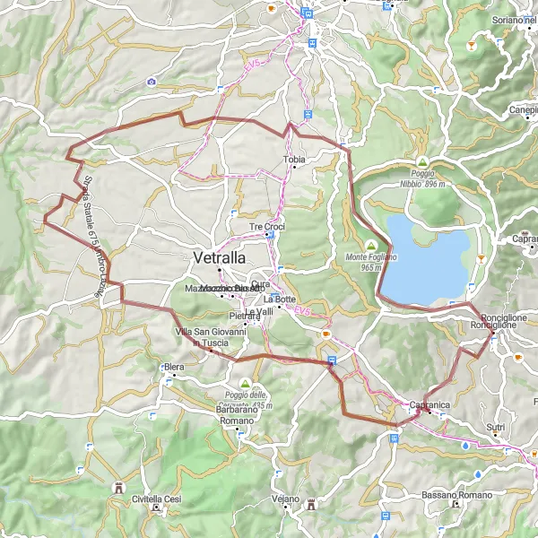 Miniatura della mappa di ispirazione al ciclismo "Gravel Tour tra Capranica e Lake Vico" nella regione di Lazio, Italy. Generata da Tarmacs.app, pianificatore di rotte ciclistiche