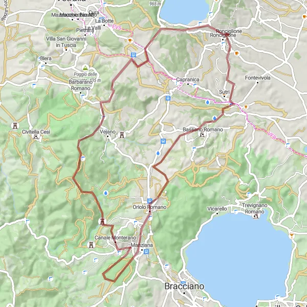 Miniatura della mappa di ispirazione al ciclismo "Gravel Trail to Monte Calvario" nella regione di Lazio, Italy. Generata da Tarmacs.app, pianificatore di rotte ciclistiche