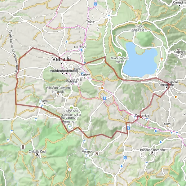 Miniatura della mappa di ispirazione al ciclismo "Tour in Gravel da Ronciglione a Vetralla" nella regione di Lazio, Italy. Generata da Tarmacs.app, pianificatore di rotte ciclistiche