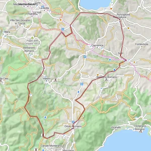 Miniatura della mappa di ispirazione al ciclismo "Tour in Gravel da Ronciglione a Cisterna Romana" nella regione di Lazio, Italy. Generata da Tarmacs.app, pianificatore di rotte ciclistiche