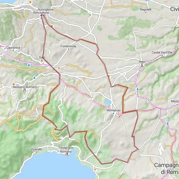 Miniatura della mappa di ispirazione al ciclismo "Rotta in Gravel da Ronciglione a Sutri" nella regione di Lazio, Italy. Generata da Tarmacs.app, pianificatore di rotte ciclistiche