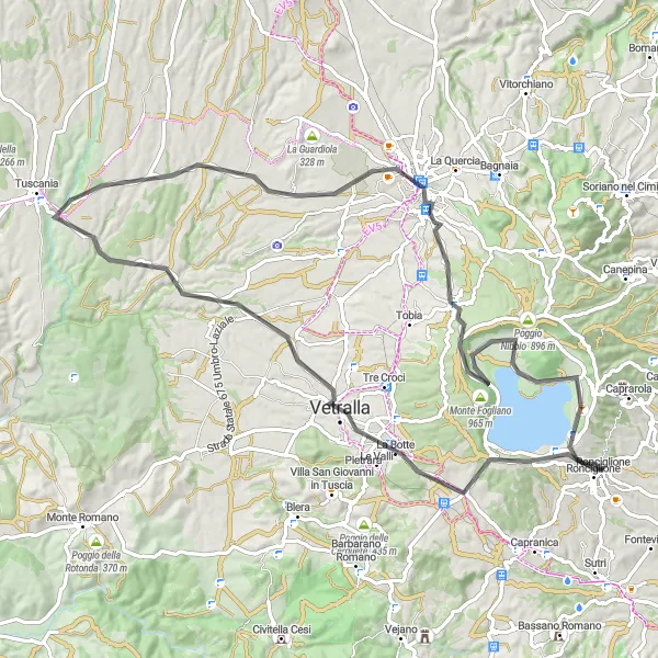 Miniatura della mappa di ispirazione al ciclismo "Road Tour tra Viterbo e San Pietro" nella regione di Lazio, Italy. Generata da Tarmacs.app, pianificatore di rotte ciclistiche