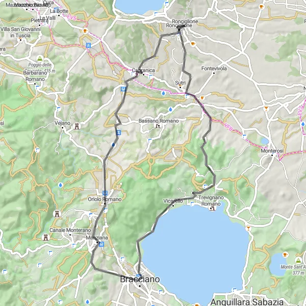 Miniatura della mappa di ispirazione al ciclismo "Scenic Route to Capranica" nella regione di Lazio, Italy. Generata da Tarmacs.app, pianificatore di rotte ciclistiche