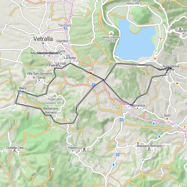 Map miniature of "Ronciglione to Cisterna Romana" cycling inspiration in Lazio, Italy. Generated by Tarmacs.app cycling route planner