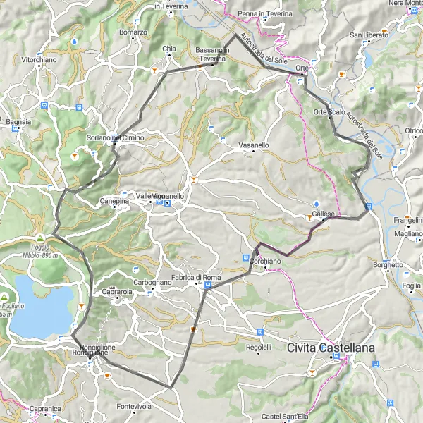 Miniatura della mappa di ispirazione al ciclismo "Panoramic Road Loop to Rocca" nella regione di Lazio, Italy. Generata da Tarmacs.app, pianificatore di rotte ciclistiche