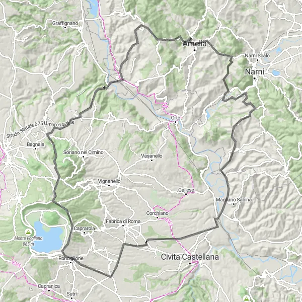 Miniatura della mappa di ispirazione al ciclismo "Road Cycling Adventure to Otricoli" nella regione di Lazio, Italy. Generata da Tarmacs.app, pianificatore di rotte ciclistiche