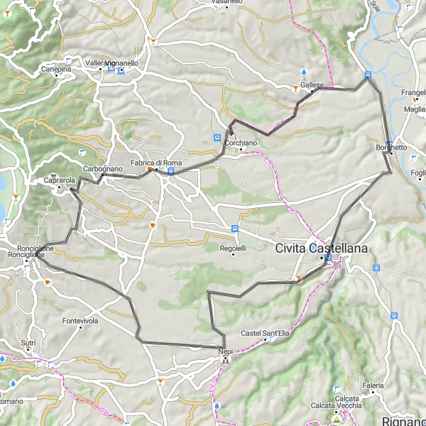 Miniatura della mappa di ispirazione al ciclismo "Giro in Bici da Ronciglione a Nepi" nella regione di Lazio, Italy. Generata da Tarmacs.app, pianificatore di rotte ciclistiche