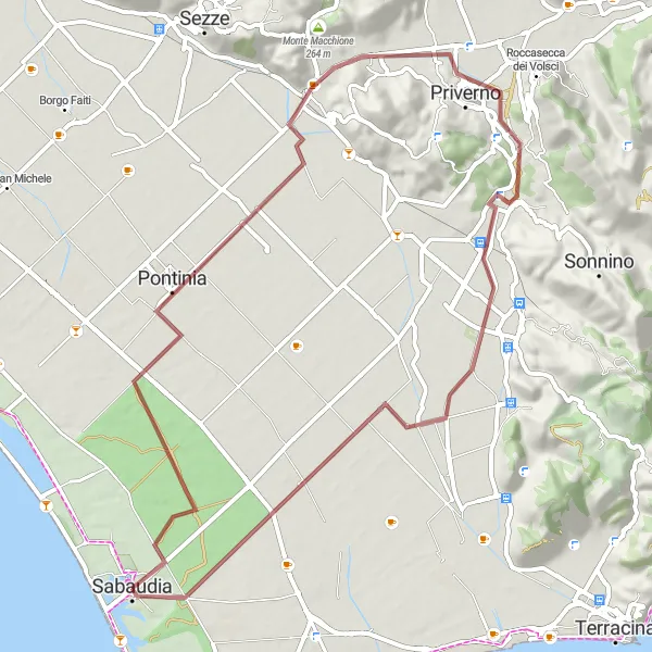 Miniatura della mappa di ispirazione al ciclismo "Avventuroso tour in bicicletta da Sabaudia a Lestra" nella regione di Lazio, Italy. Generata da Tarmacs.app, pianificatore di rotte ciclistiche