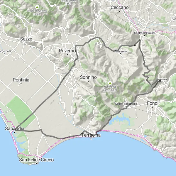 Miniatura della mappa di ispirazione al ciclismo "Giro in bicicletta da Sabaudia a Lido di Ulisse" nella regione di Lazio, Italy. Generata da Tarmacs.app, pianificatore di rotte ciclistiche