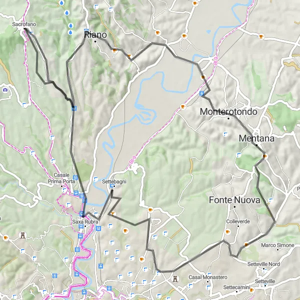 Miniatura della mappa di ispirazione al ciclismo "Giro in bicicletta da Sacrofano a Monte Marielle" nella regione di Lazio, Italy. Generata da Tarmacs.app, pianificatore di rotte ciclistiche