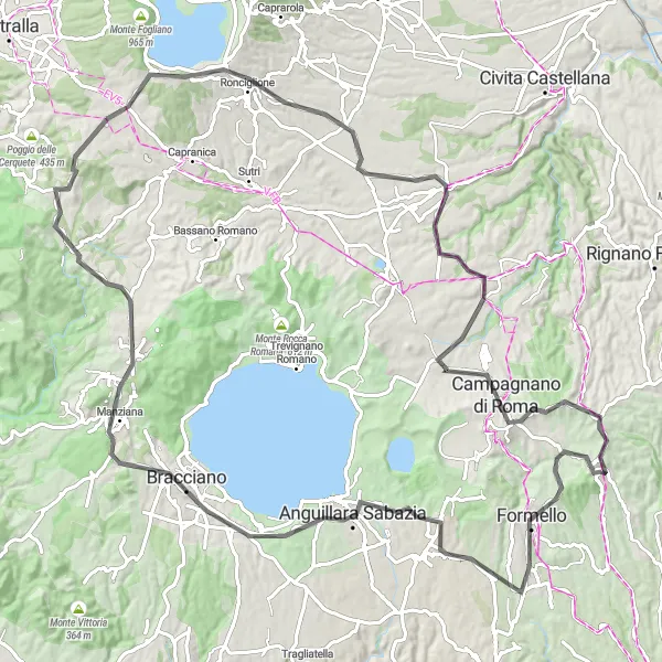 Miniatura della mappa di ispirazione al ciclismo "Giro in bicicletta alla scoperta di Manziana e Nepi" nella regione di Lazio, Italy. Generata da Tarmacs.app, pianificatore di rotte ciclistiche