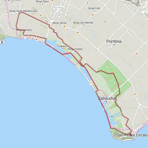 Miniatura della mappa di ispirazione al ciclismo "Circolo del Monte Circeo" nella regione di Lazio, Italy. Generata da Tarmacs.app, pianificatore di rotte ciclistiche