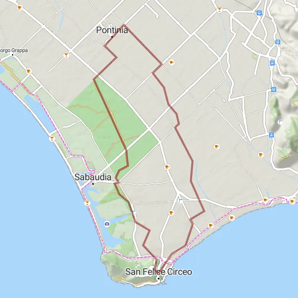 Map miniature of "Circeo National Park Gravel Route" cycling inspiration in Lazio, Italy. Generated by Tarmacs.app cycling route planner