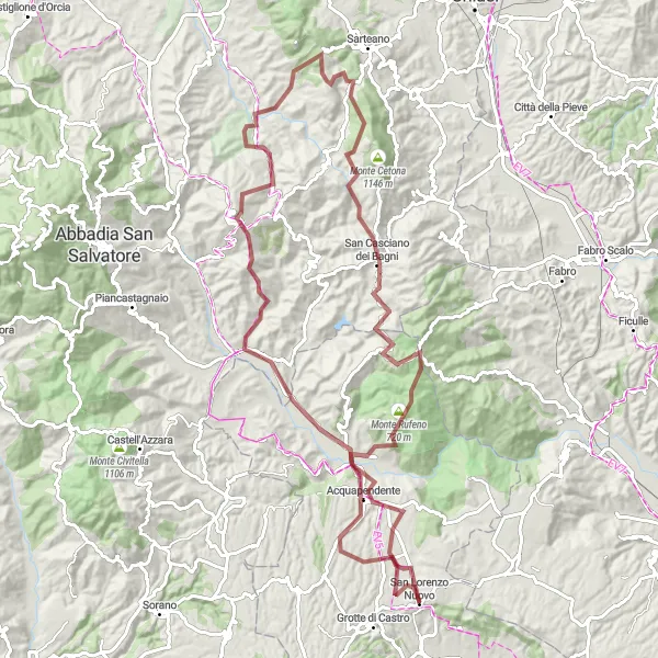 Map miniature of "The Hilly Gravel" cycling inspiration in Lazio, Italy. Generated by Tarmacs.app cycling route planner