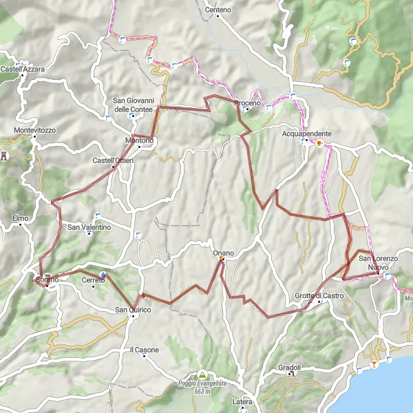 Miniatura della mappa di ispirazione al ciclismo "Giro per Grotte di Castro" nella regione di Lazio, Italy. Generata da Tarmacs.app, pianificatore di rotte ciclistiche
