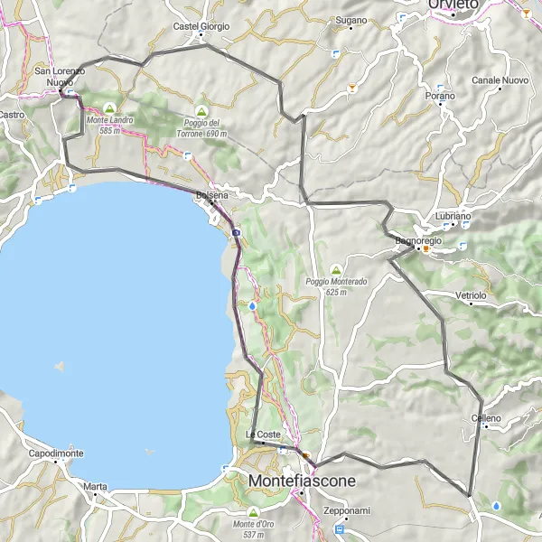 Miniatura della mappa di ispirazione al ciclismo "Giro in bicicletta Castel Giorgio - Bolsena" nella regione di Lazio, Italy. Generata da Tarmacs.app, pianificatore di rotte ciclistiche