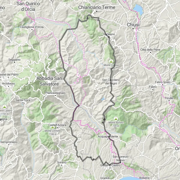 Miniatura della mappa di ispirazione al ciclismo "Avventura in bicicletta da San Lorenzo Nuovo a San Casciano dei Bagni" nella regione di Lazio, Italy. Generata da Tarmacs.app, pianificatore di rotte ciclistiche