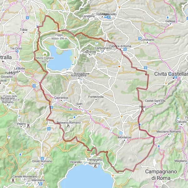 Map miniature of "Nepi Gravel Ride" cycling inspiration in Lazio, Italy. Generated by Tarmacs.app cycling route planner