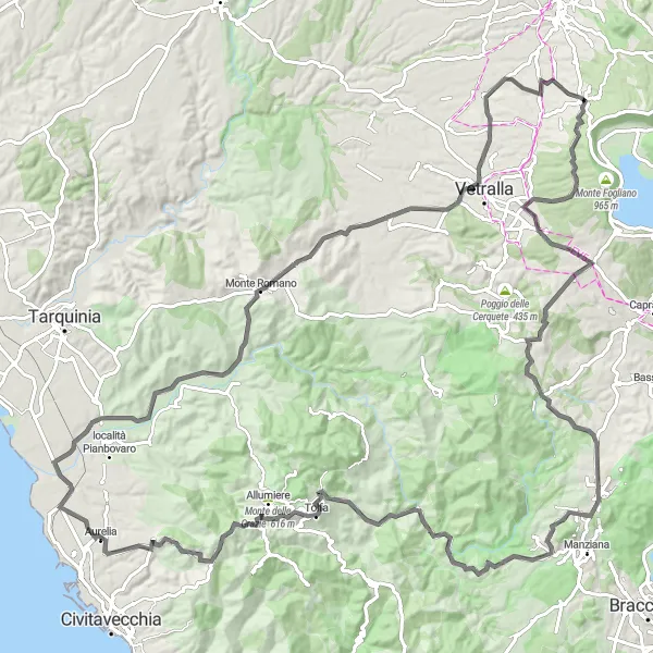 Map miniature of "Soriano nel Cimino Loop" cycling inspiration in Lazio, Italy. Generated by Tarmacs.app cycling route planner