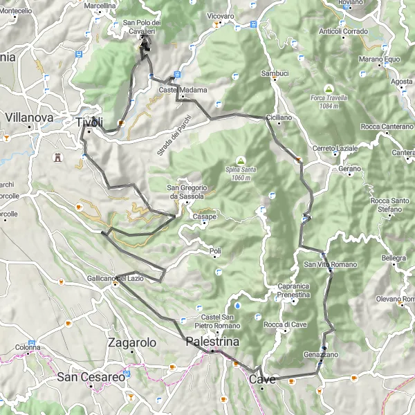 Miniatura della mappa di ispirazione al ciclismo "Giro in bicicletta Costa di Collemare - Ciciliano - Tivoli" nella regione di Lazio, Italy. Generata da Tarmacs.app, pianificatore di rotte ciclistiche