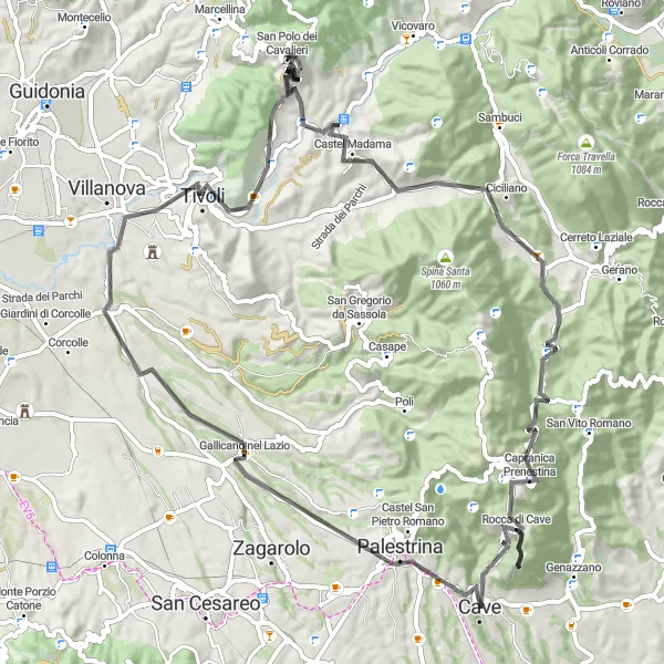 Miniatura della mappa di ispirazione al ciclismo "Giro in bicicletta Costa di Collemare - Palestrina - Tivoli" nella regione di Lazio, Italy. Generata da Tarmacs.app, pianificatore di rotte ciclistiche