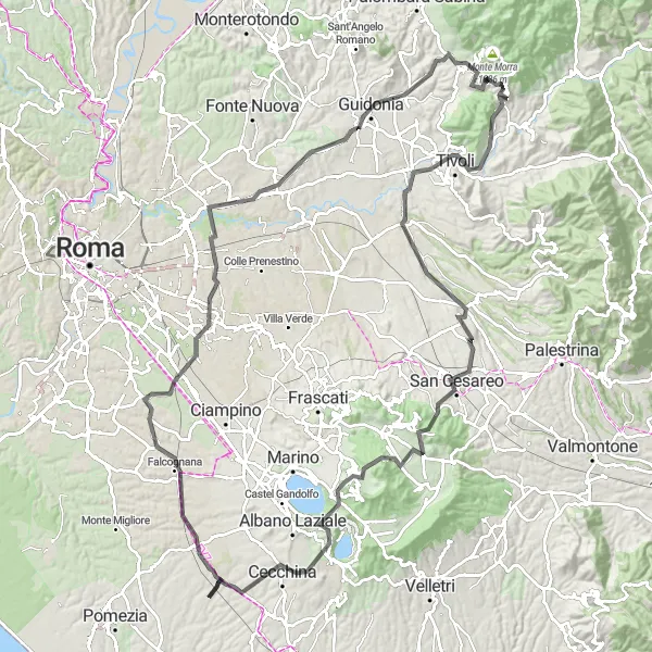 Miniatura della mappa di ispirazione al ciclismo "Giro in bicicletta Monte Catillo - Genzano di Roma - Cinecittà" nella regione di Lazio, Italy. Generata da Tarmacs.app, pianificatore di rotte ciclistiche