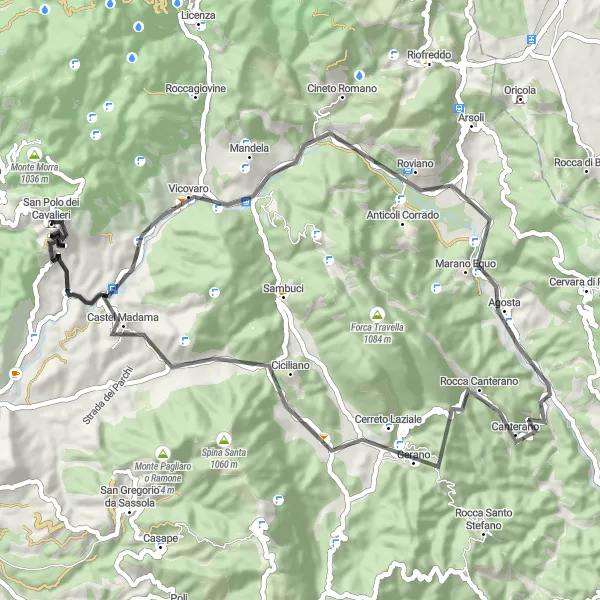 Map miniature of "San Polo - Rocca Canterano Loop" cycling inspiration in Lazio, Italy. Generated by Tarmacs.app cycling route planner