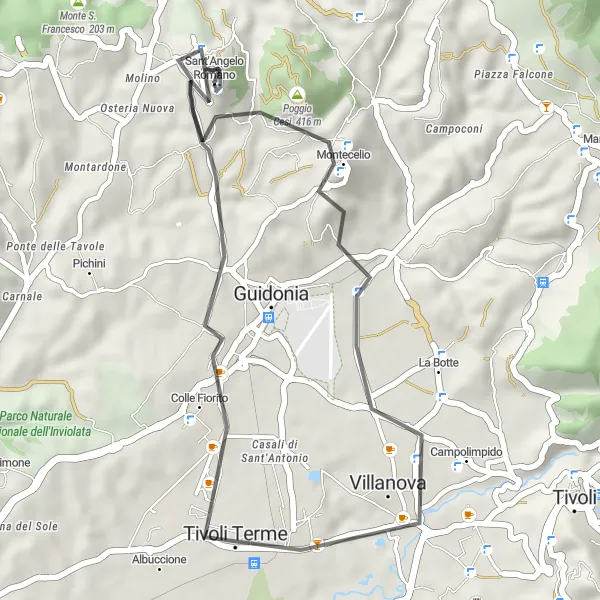 Miniatura della mappa di ispirazione al ciclismo "Tour delle Colline Romane" nella regione di Lazio, Italy. Generata da Tarmacs.app, pianificatore di rotte ciclistiche