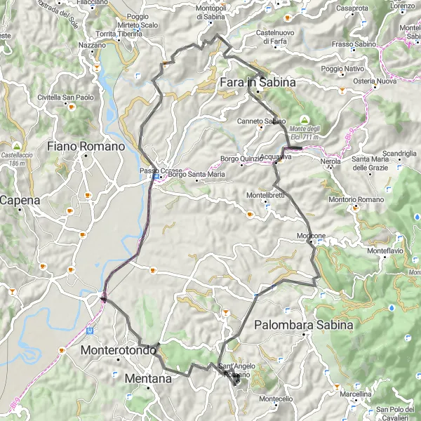 Miniatura della mappa di ispirazione al ciclismo "Giri Panoramici della Sabina" nella regione di Lazio, Italy. Generata da Tarmacs.app, pianificatore di rotte ciclistiche