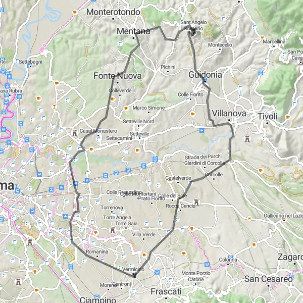 Miniatura della mappa di ispirazione al ciclismo "Tour dei Colli Albani" nella regione di Lazio, Italy. Generata da Tarmacs.app, pianificatore di rotte ciclistiche