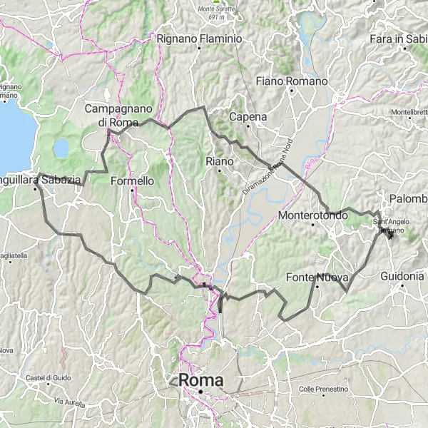Map miniature of "Road Cycling through Historic Landmarks" cycling inspiration in Lazio, Italy. Generated by Tarmacs.app cycling route planner