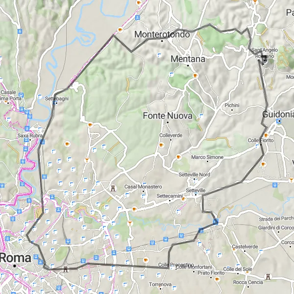 Miniatura della mappa di ispirazione al ciclismo "Roma e Dintorni in Bicicletta" nella regione di Lazio, Italy. Generata da Tarmacs.app, pianificatore di rotte ciclistiche