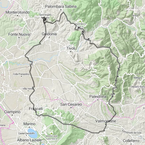 Miniatura della mappa di ispirazione al ciclismo "Giro in bici tra Sant'Angelo Romano e Monte Tuscolo" nella regione di Lazio, Italy. Generata da Tarmacs.app, pianificatore di rotte ciclistiche