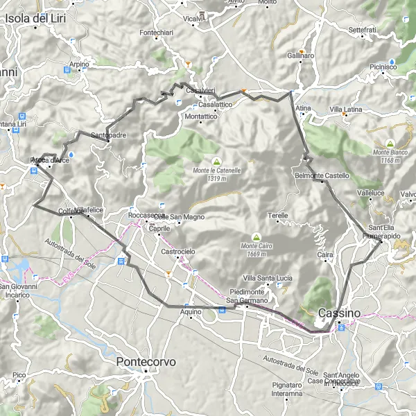 Map miniature of "The Monte Cassino Loop" cycling inspiration in Lazio, Italy. Generated by Tarmacs.app cycling route planner