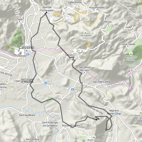 Map miniature of "The Rocca d'Evandro Challenge" cycling inspiration in Lazio, Italy. Generated by Tarmacs.app cycling route planner