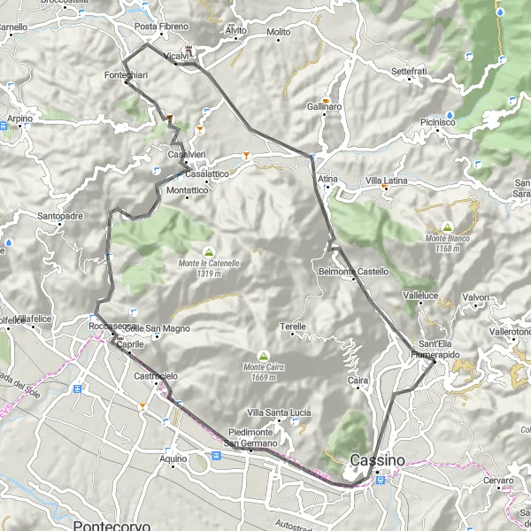 Map miniature of "Monte Cassino Loop" cycling inspiration in Lazio, Italy. Generated by Tarmacs.app cycling route planner