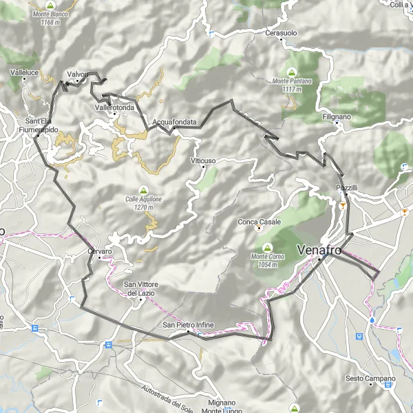 Map miniature of "The Mainarde Mountains Challenge" cycling inspiration in Lazio, Italy. Generated by Tarmacs.app cycling route planner