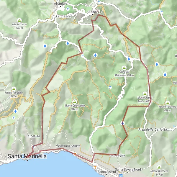 Miniatura della mappa di ispirazione al ciclismo "Gravel verso Tolfa e Monte Acqua Tosta" nella regione di Lazio, Italy. Generata da Tarmacs.app, pianificatore di rotte ciclistiche