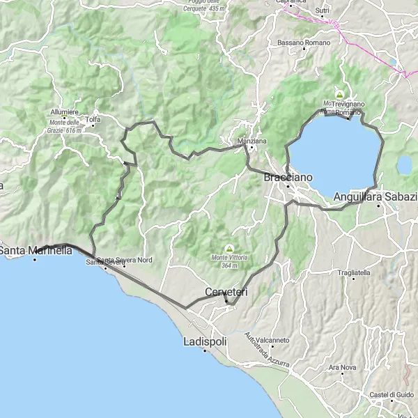 Miniatura della mappa di ispirazione al ciclismo "Giro panoramico tra Santa Marinella e Trevignano Romano" nella regione di Lazio, Italy. Generata da Tarmacs.app, pianificatore di rotte ciclistiche