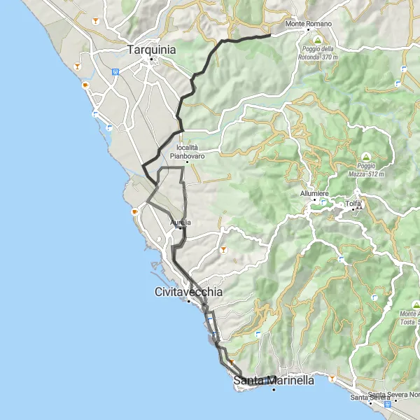 Miniatura della mappa di ispirazione al ciclismo "Alla scoperta della costa laziale in bicicletta" nella regione di Lazio, Italy. Generata da Tarmacs.app, pianificatore di rotte ciclistiche