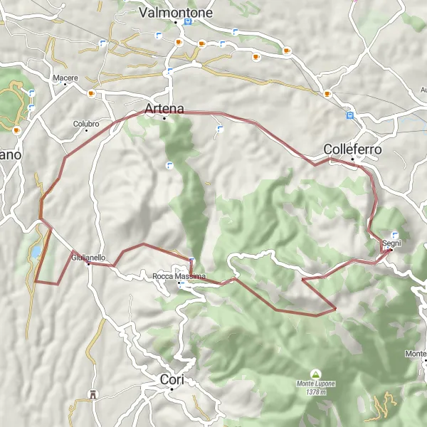 Miniatura della mappa di ispirazione al ciclismo "Giro in bicicletta su strade sterrate a Segni" nella regione di Lazio, Italy. Generata da Tarmacs.app, pianificatore di rotte ciclistiche