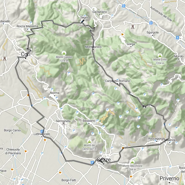 Miniatura della mappa di ispirazione al ciclismo "Rotta ciclabile Monte Camposano" nella regione di Lazio, Italy. Generata da Tarmacs.app, pianificatore di rotte ciclistiche