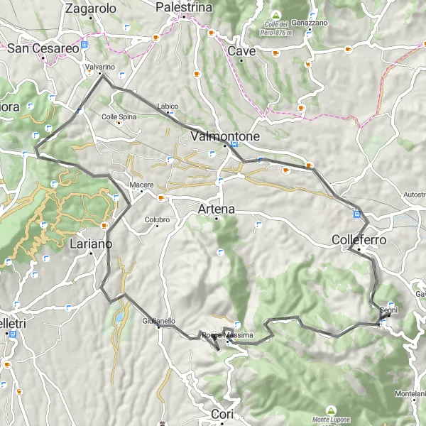 Miniatura della mappa di ispirazione al ciclismo "Periplo dei Monti Lepini" nella regione di Lazio, Italy. Generata da Tarmacs.app, pianificatore di rotte ciclistiche