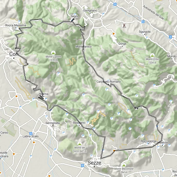 Miniatura della mappa di ispirazione al ciclismo "Percorso tra Monte Camposano e Bassiano" nella regione di Lazio, Italy. Generata da Tarmacs.app, pianificatore di rotte ciclistiche